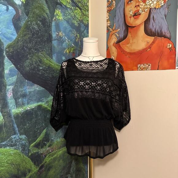 alfani black lace sheer blouse shimmer batwing sleeve peplum top xs - Picture 5 of 5